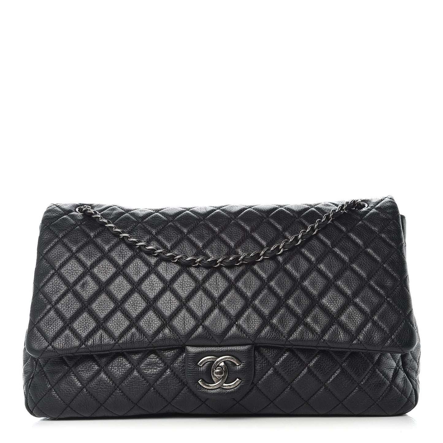 Calfskin Quilted XXL Travel Flap Bag Black