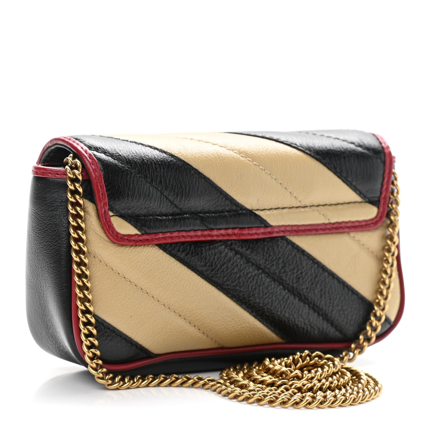 Vintage Effect Calfskin Matelasse Diagonal Striped Super Mini Torchon GG Marmont Shoulder Bag Black Beige