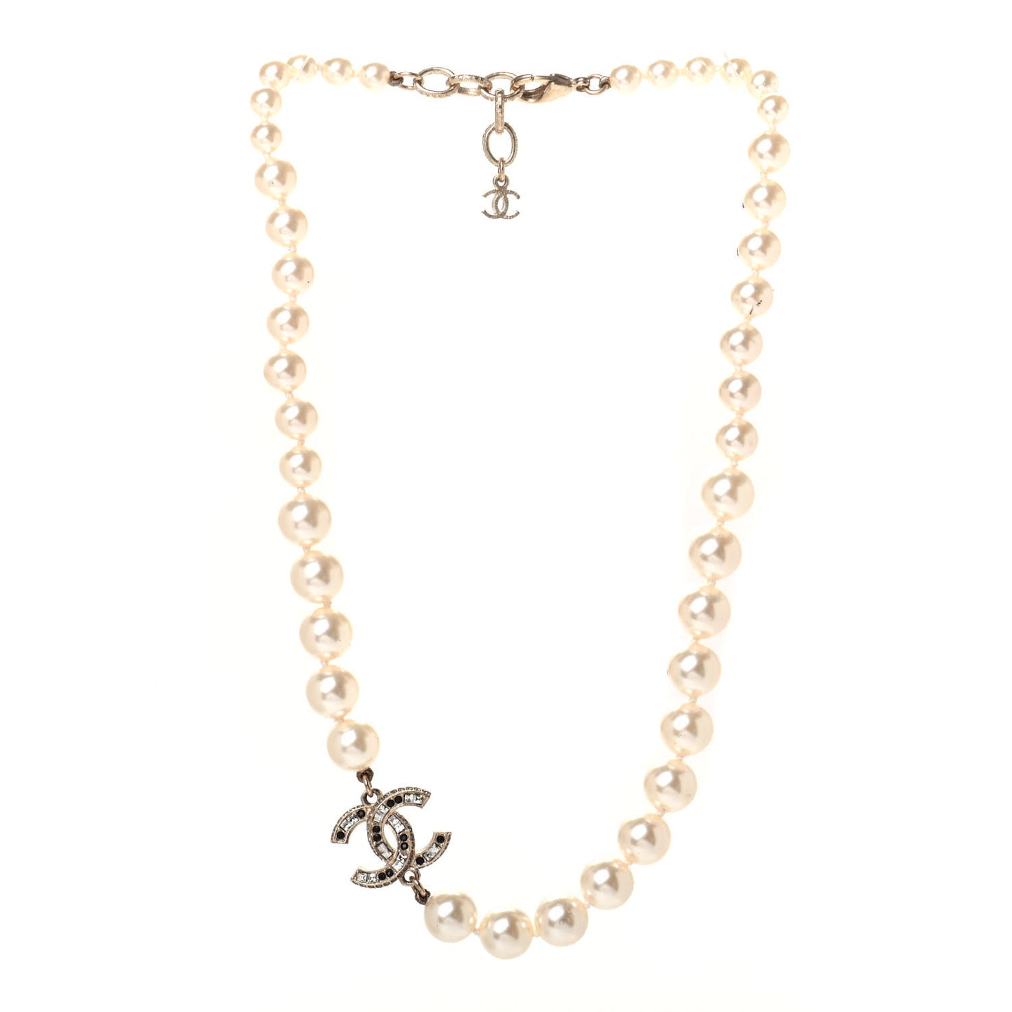Graduated Pearl Crystal CC Long Necklace Gold Black