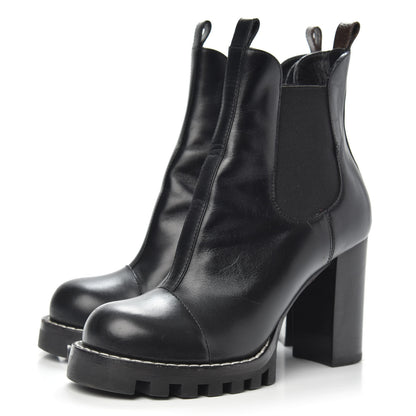 Louis Vuitton Calfskin Monogram Uniformes Chelsea Lug Sole 80mm Ankle Boots 37.5 Black 3 of 7