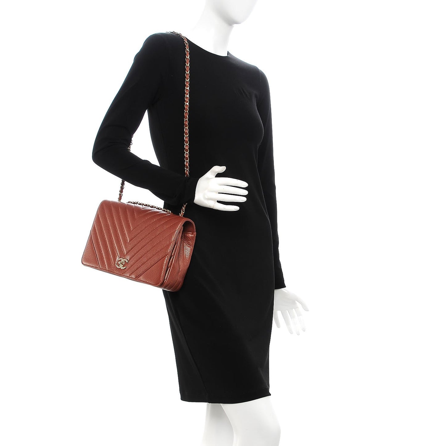 Metallic Calfskin Chevron Quilted Medium Statement Flap Brown