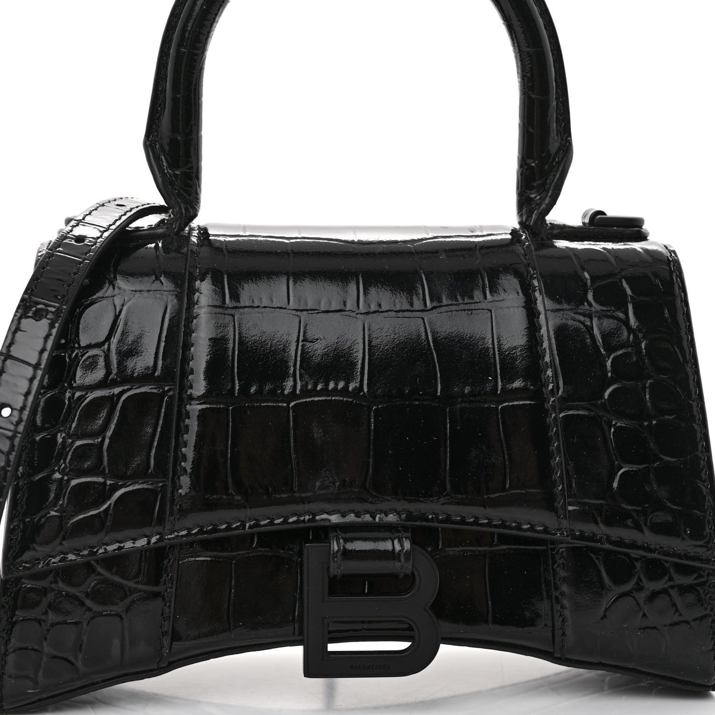 Shiny Calfskin Monochrome Crocodile Embossed Hourglass Top Handle Bag XS Black