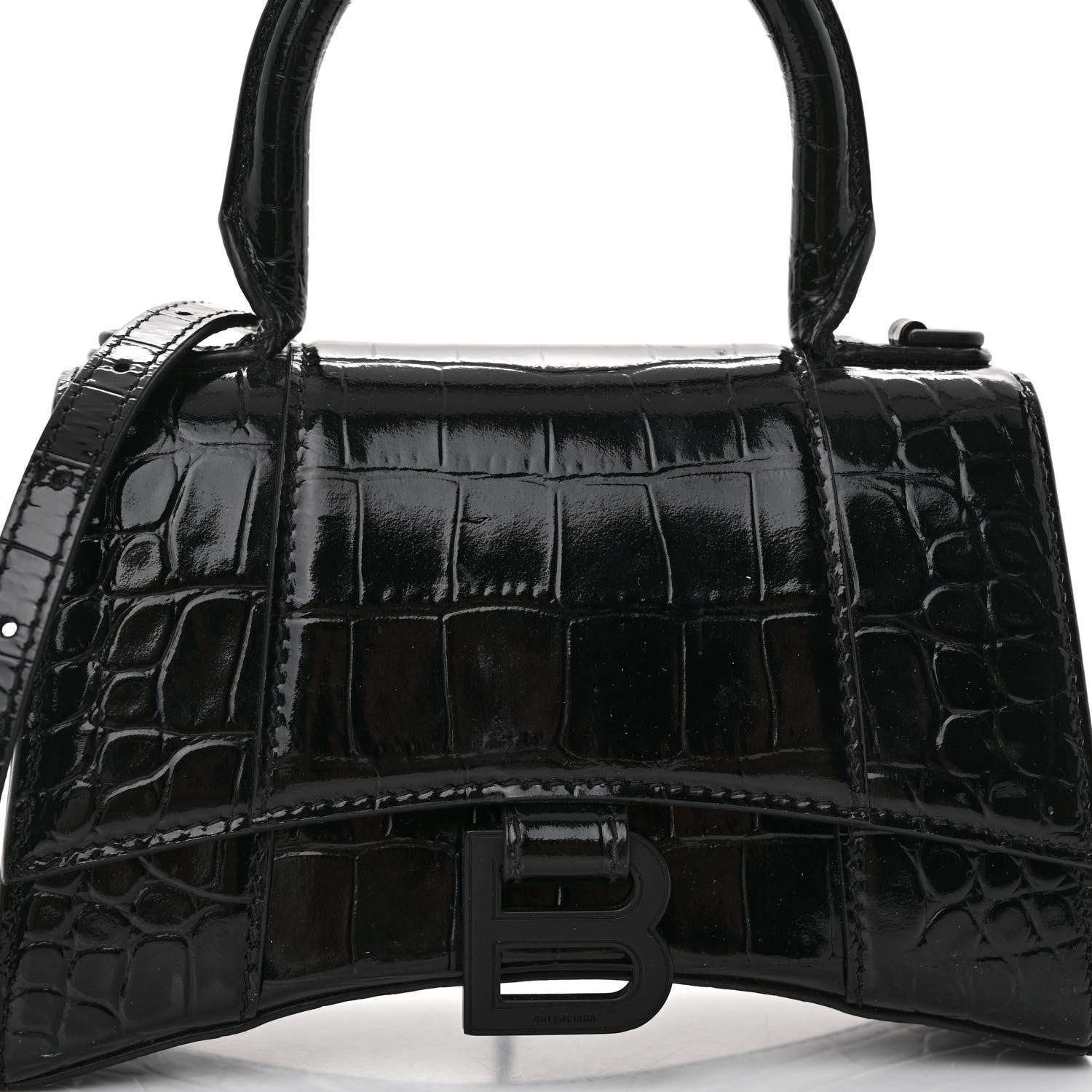 Balenciaga Shiny Calfskin Monochrome Crocodile Embossed Hourglass Top Handle Bag XS Black 7 of 9