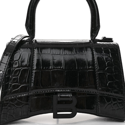 Balenciaga Shiny Calfskin Monochrome Crocodile Embossed Hourglass Top Handle Bag XS Black 7 of 9