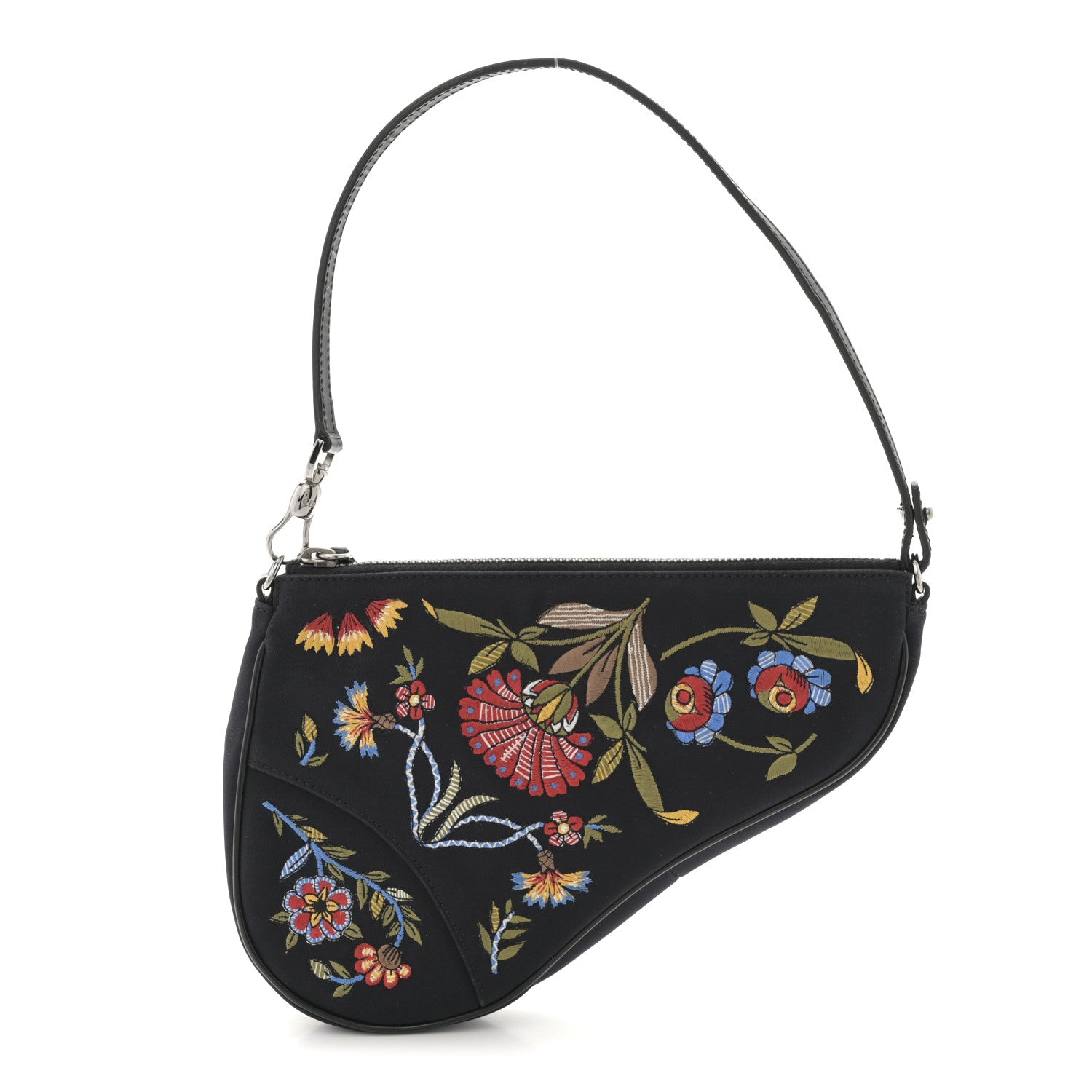 Christian Dior Satin Embroidered Floral Mini Saddle Pochette Bag Black 1 of 12