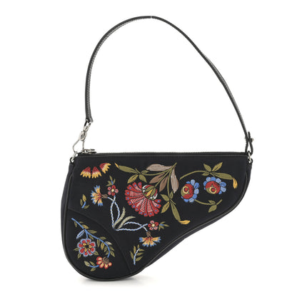 Christian Dior Satin Embroidered Floral Mini Saddle Pochette Bag Black 1 of 12