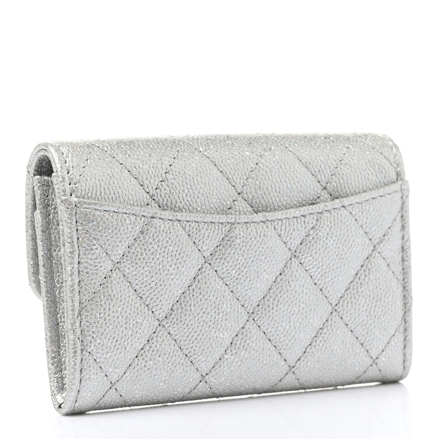 Metallic Caviar Quilted Flap Card Holder Wallet Silver