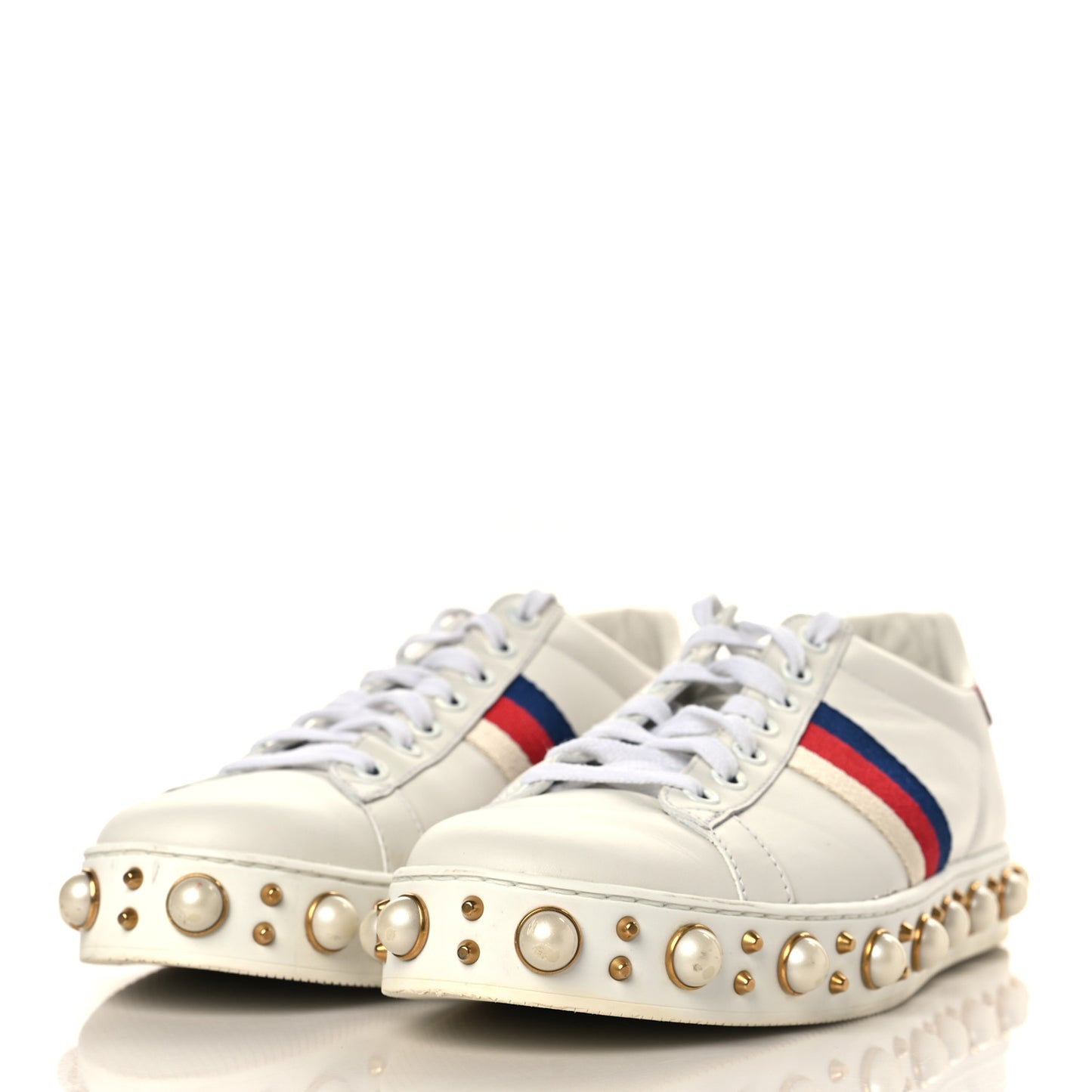 Calfskin Ayers Web Pearl Studded Womens Ace Sneakers 39.5 White