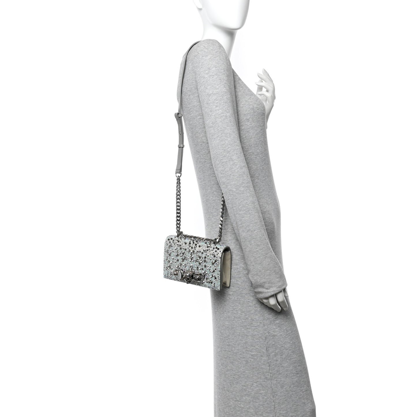 Suede Calfskin Crystal Studded Mini Jeweled Knuckle Satchel Silver