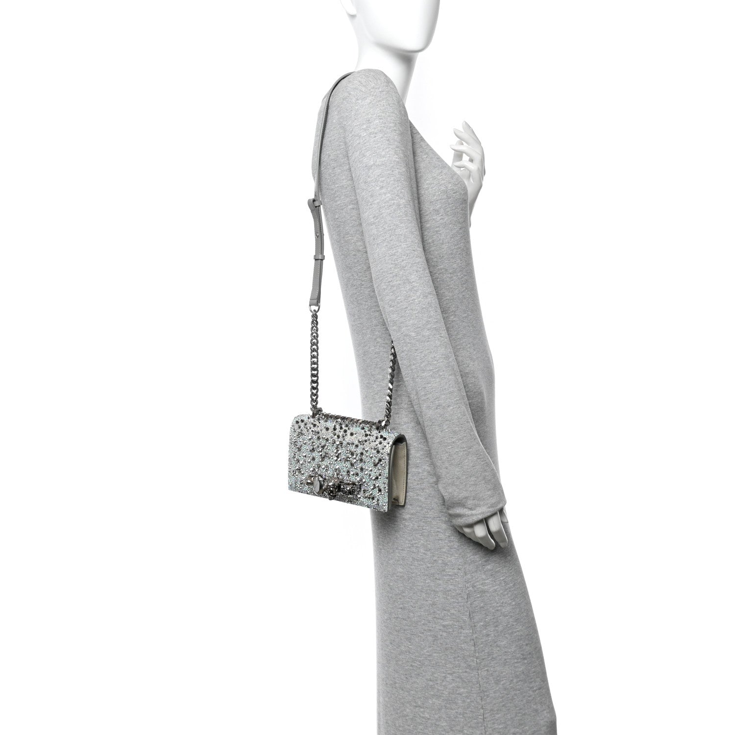 Alexander McQueen Suede Calfskin Crystal Studded Mini Jeweled Knuckle Satchel Silver 2 of 13