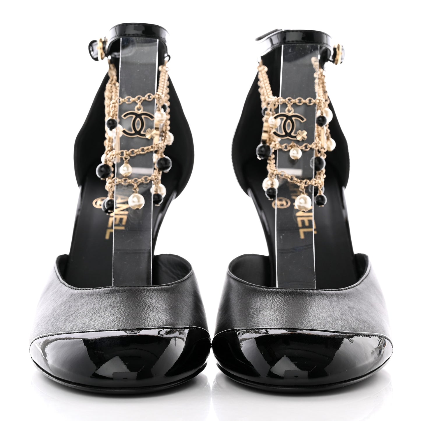 Patent Cap Toe Chain Ankle Strap Pumps 41.5 Black