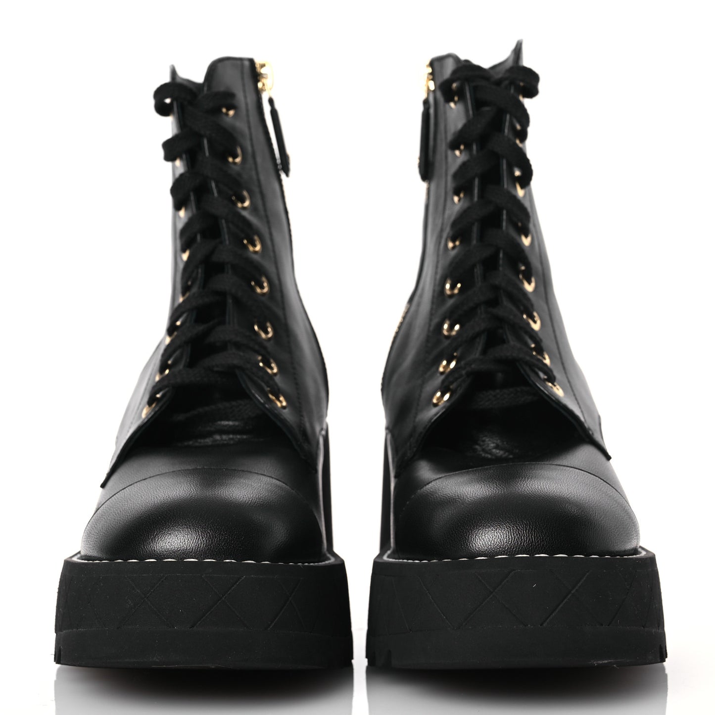 Lambskin Quilted Lace Up Wedge Combat Boots 37.5 Black