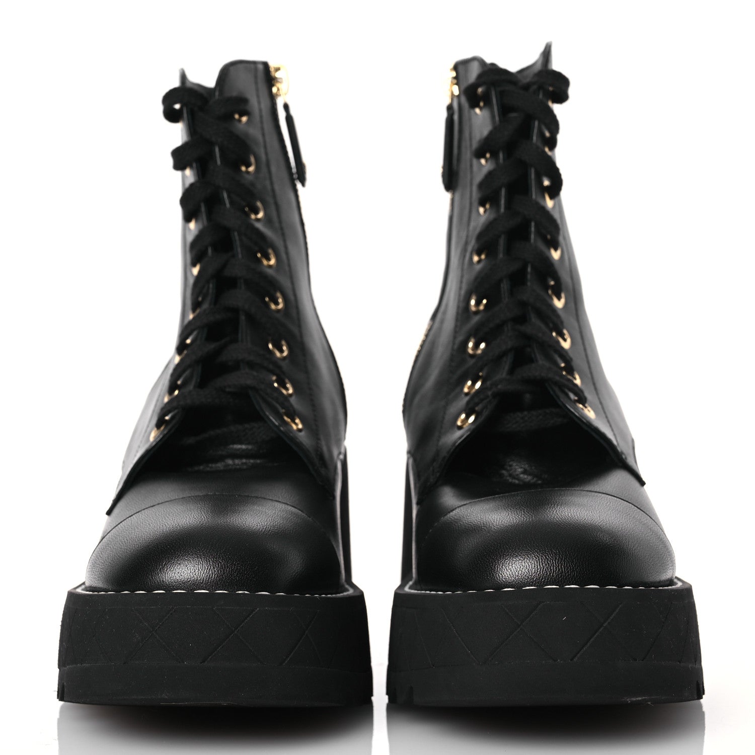 Chanel Lambskin Quilted Lace Up Wedge Combat Boots 37.5 Black 2 of 11