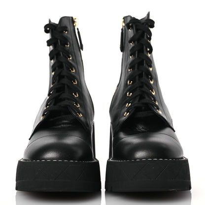 Chanel Lambskin Quilted Lace Up Wedge Combat Boots 37.5 Black 2 of 11
