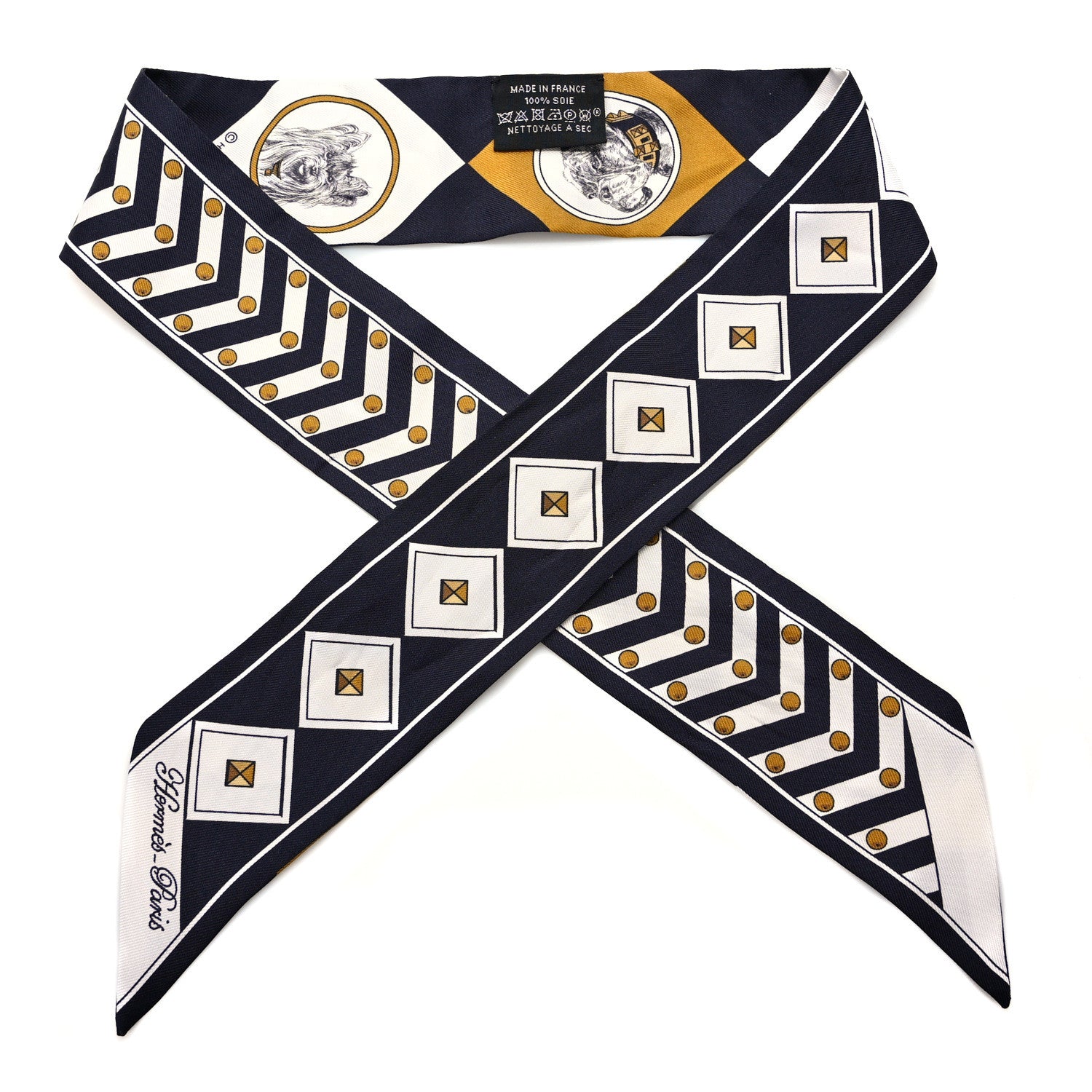 Hermes Silk Colliers Et Chiens Twilly Black Gold White 1 of 4