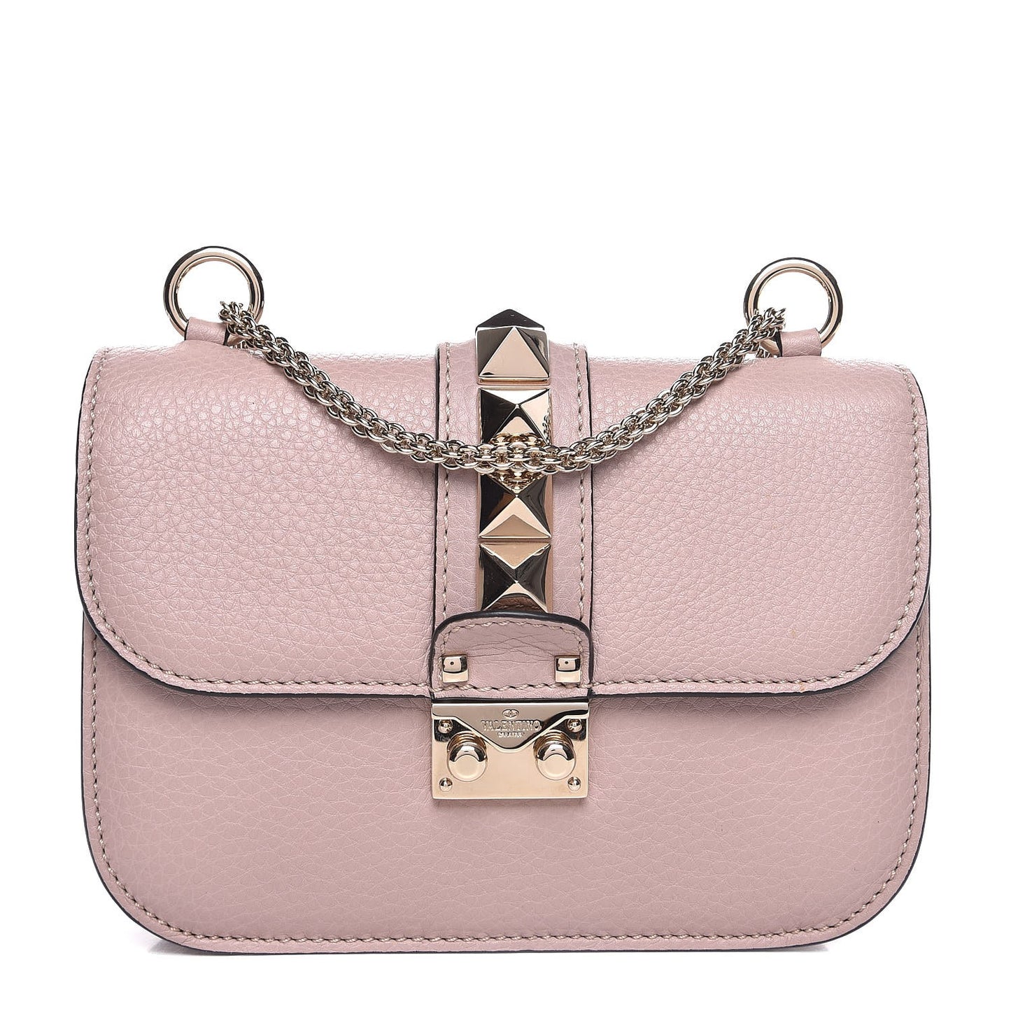 Pebbled Calfskin Small Glam Lock Rockstud Flap Poudre
