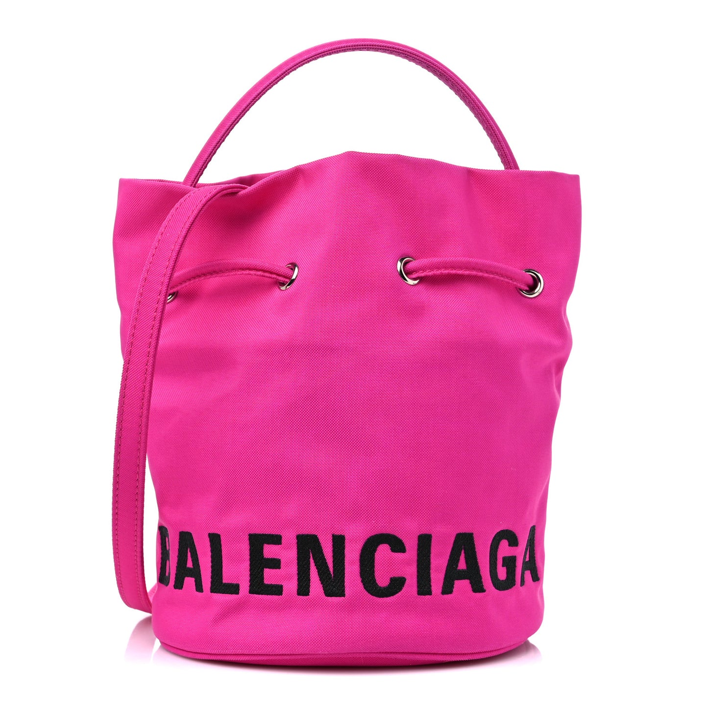Recycled Sport Nylon Logo Embroidered Wheel Drawstring Bucket Bag XS Fuchsia Black