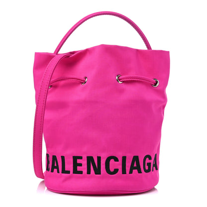 Balenciaga Recycled Sport Nylon Logo Embroidered Wheel Drawstring Bucket Bag XS Fuchsia Black 1 of 9