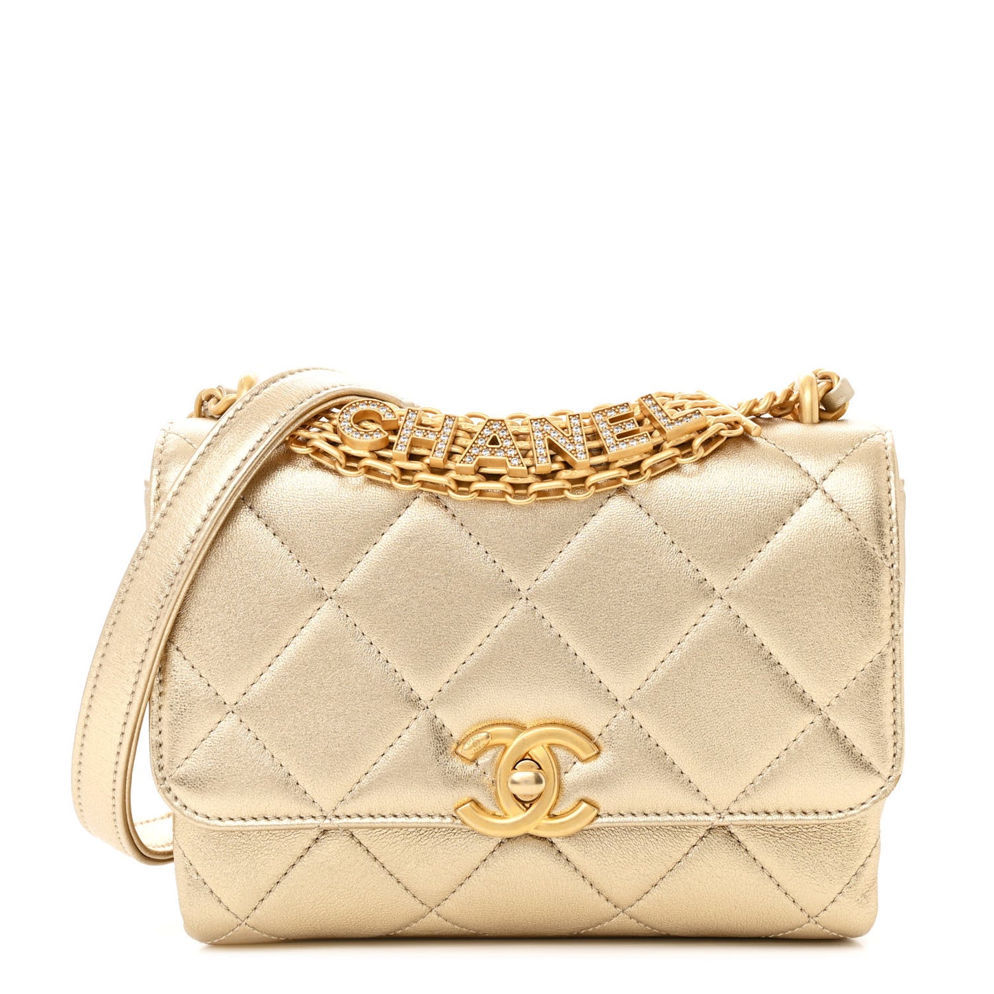 Metallic Lambskin Quilted Mini CC Crystal Logo Chain Flap Gold