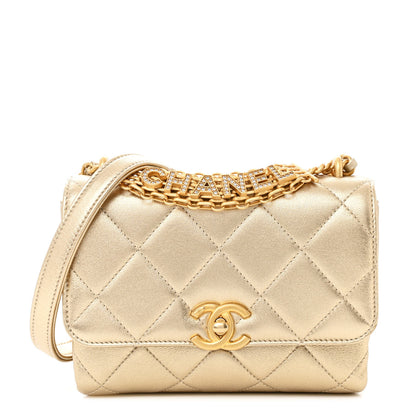 Chanel Metallic Lambskin Quilted Mini CC Crystal Logo Chain Flap Gold 1 of 11