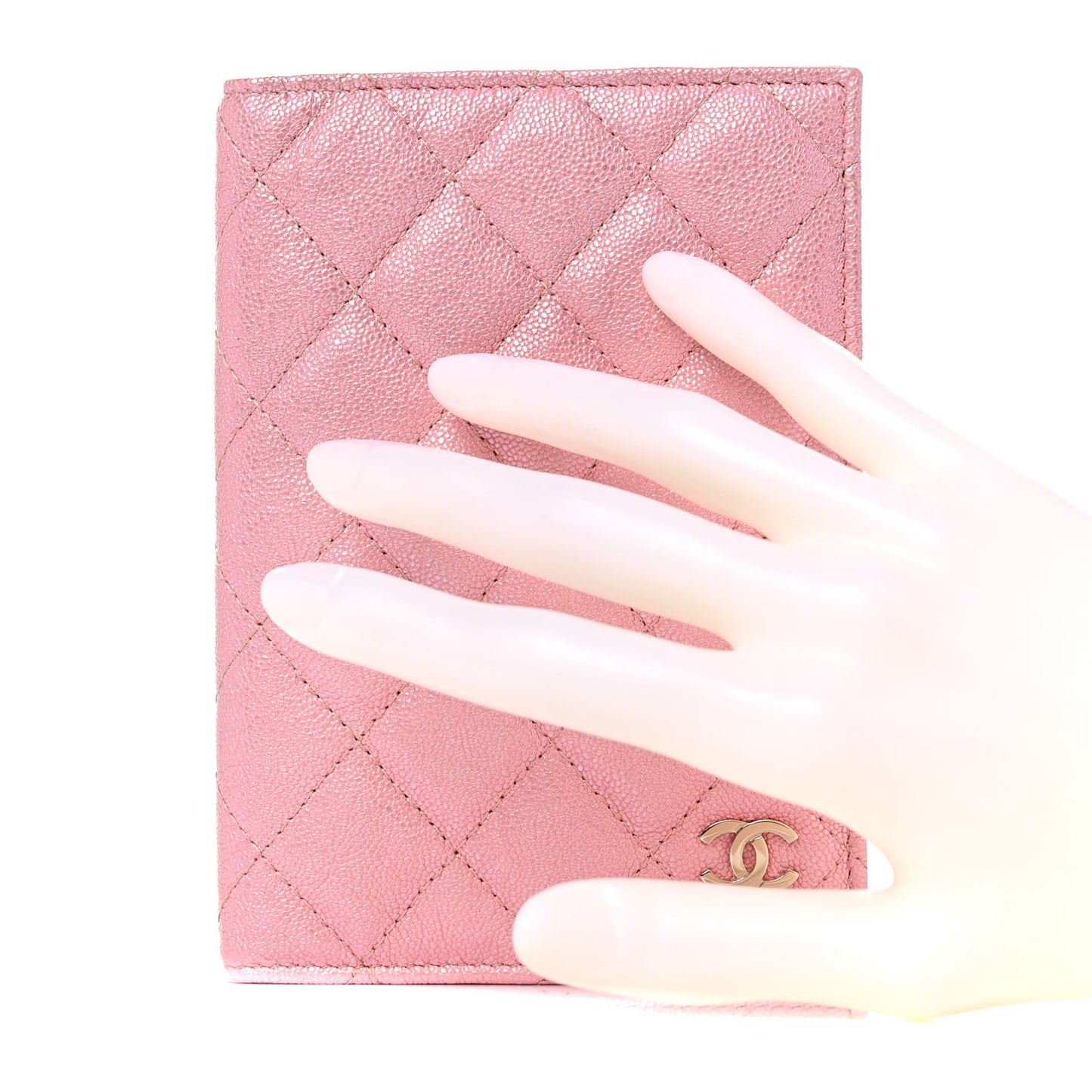 Iridescent Caviar Quilted Passport Holder Pink