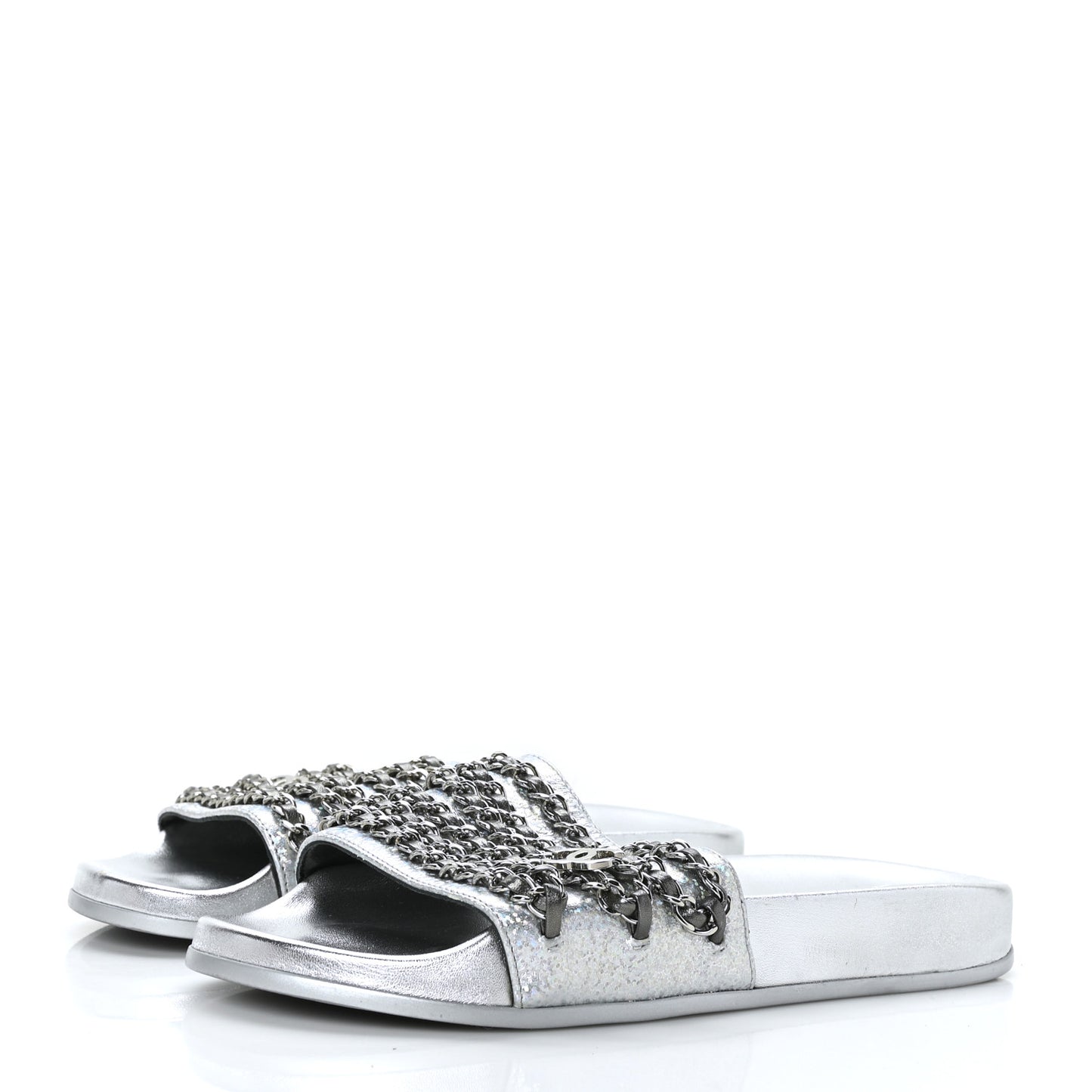 Metallic Lambskin Chain Flat Sandals 37 Silver