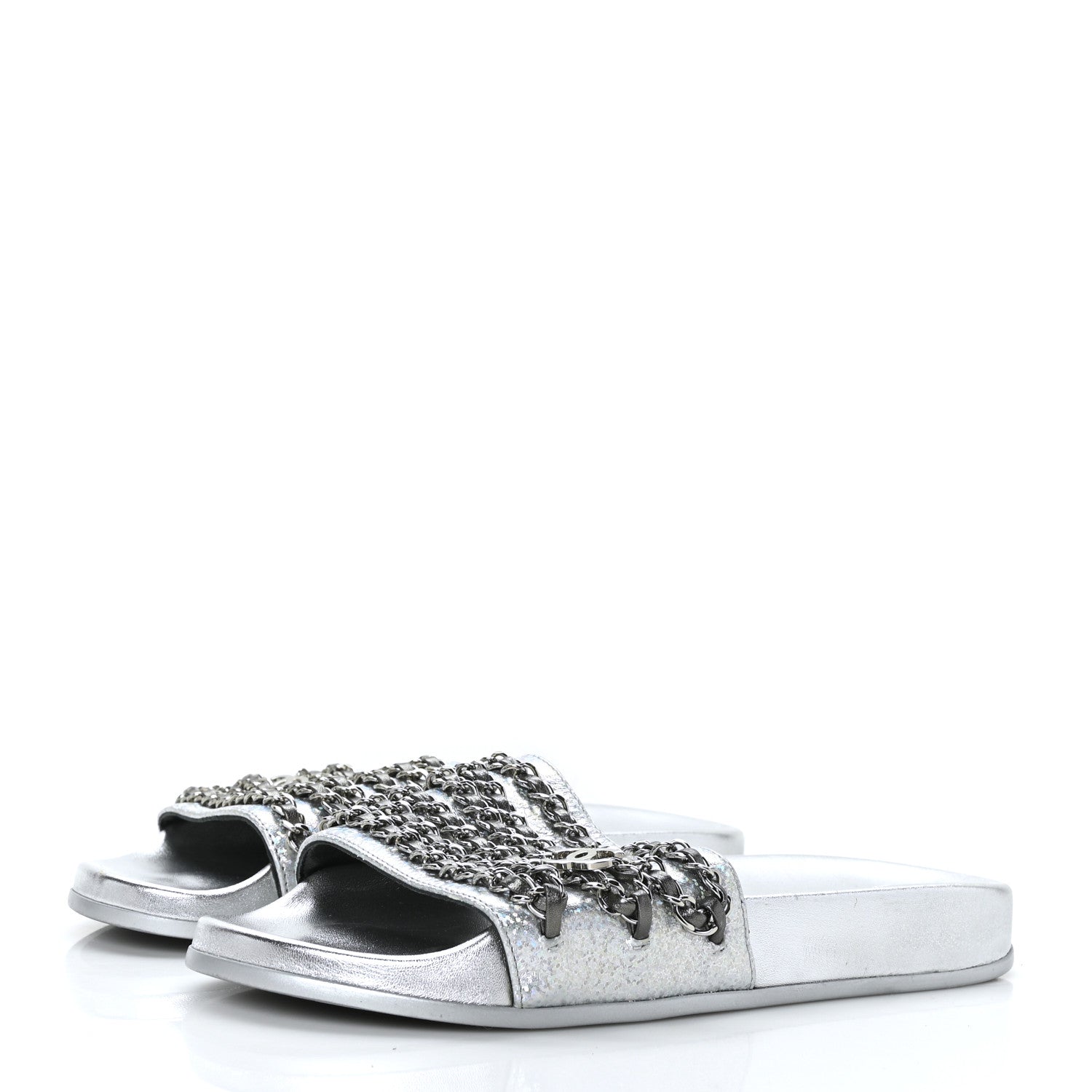 Chanel Metallic Lambskin Chain Flat Sandals 37 Silver 3 of 9