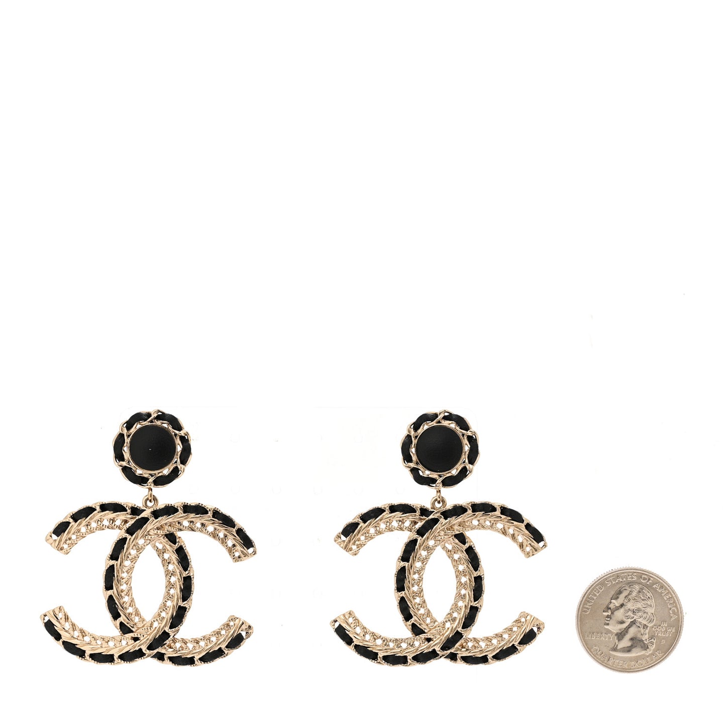Lambskin CC Chain Drop Earrings Black Gold