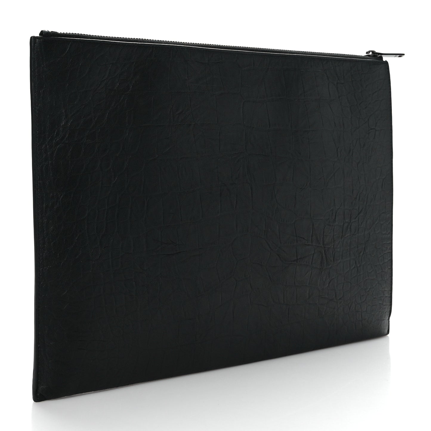Calfskin Crocodile Embossed Monogram Zipped Pouch Black
