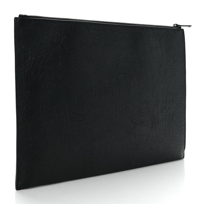 Saint Laurent Calfskin Crocodile Embossed Monogram Zipped Pouch Black 3 of 7