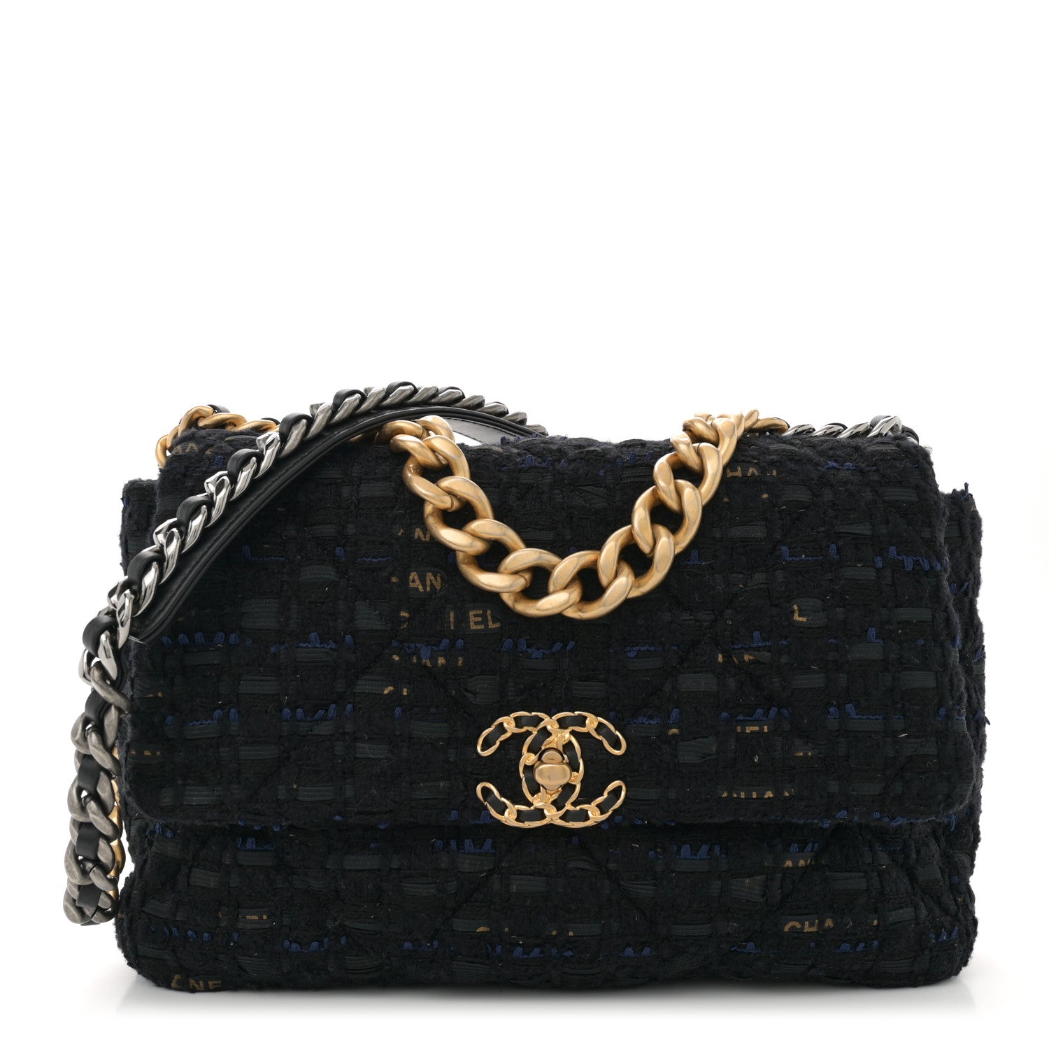 Chanel Tweed Quilted Large Chanel 19 Flap Black Navy Gold 1 of 12