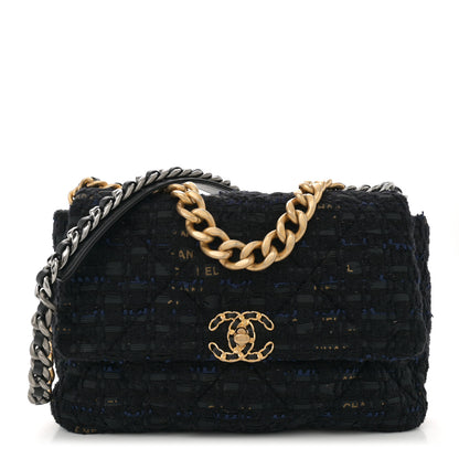 Chanel Tweed Quilted Large Chanel 19 Flap Black Navy Gold 1 of 12
