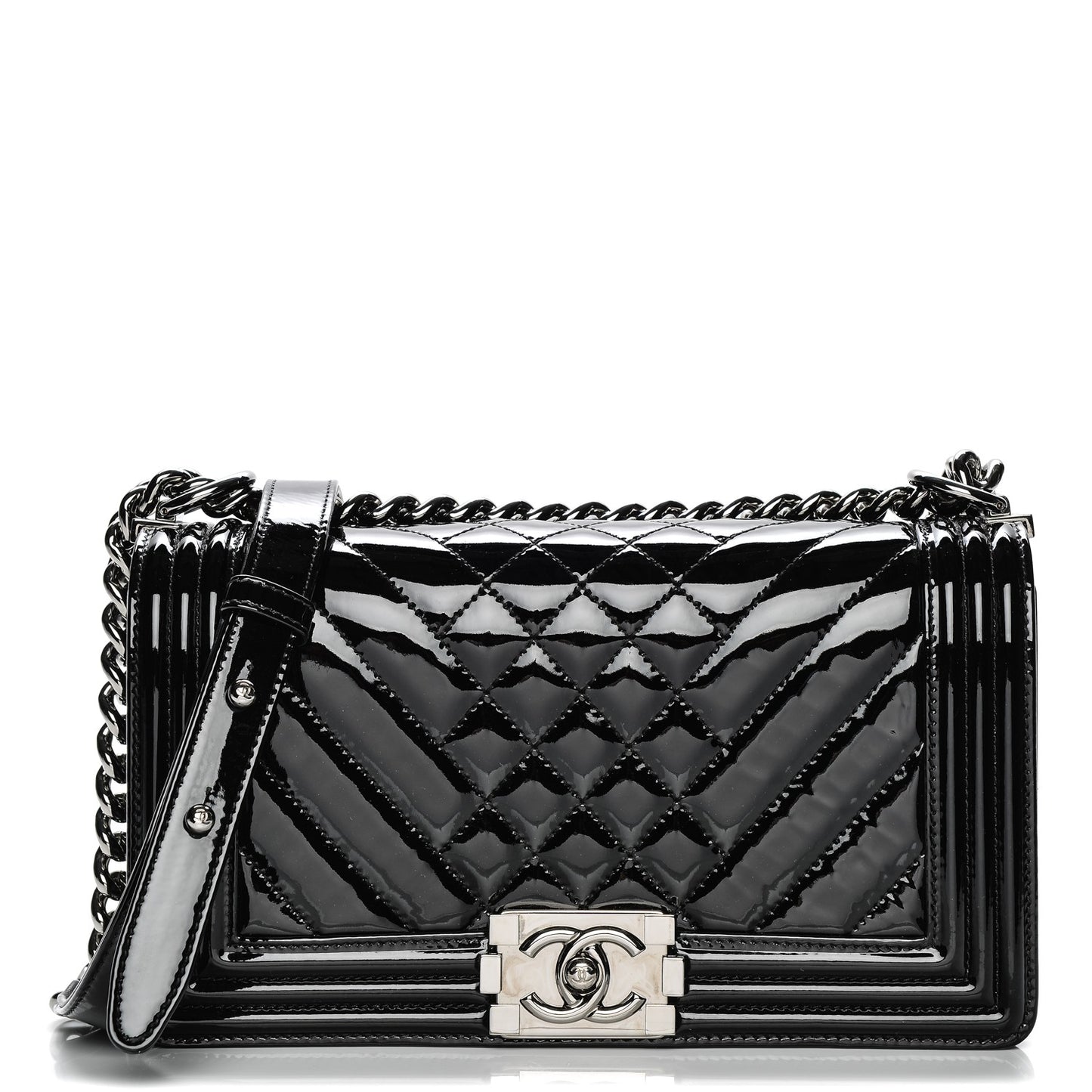 Patent Chevron Quilted Medium Boy Flap Black
