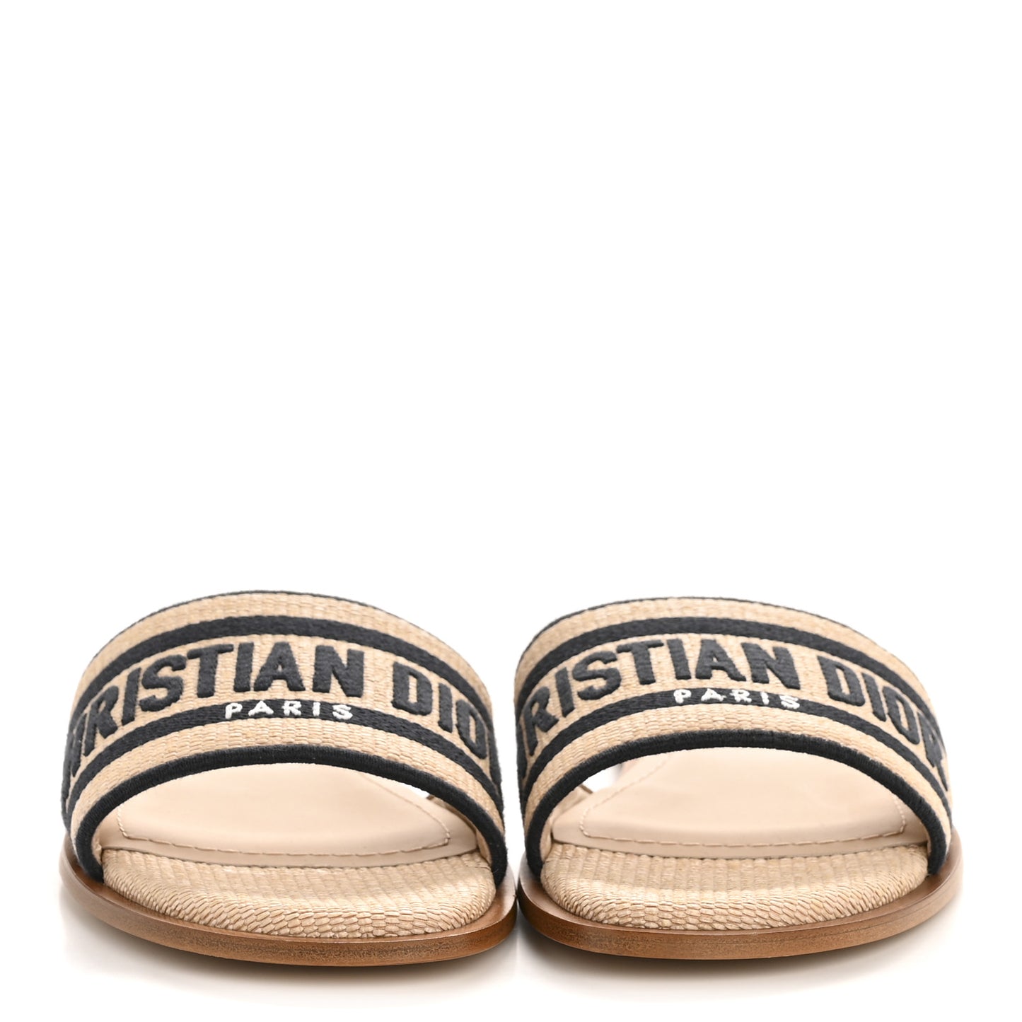 Straw Embroidered Dway Flat Slide Sandals 38 Natural Black