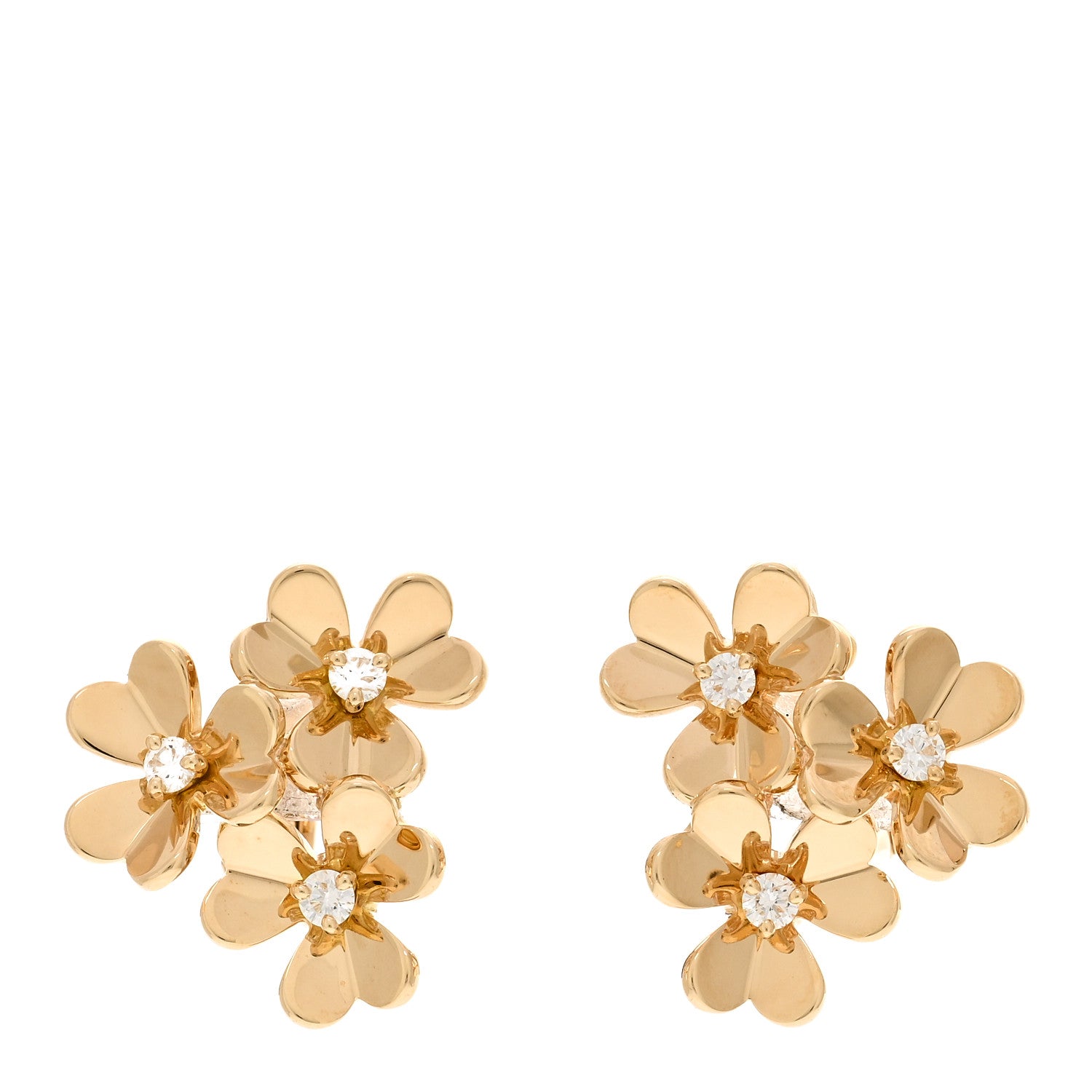 Van Cleef & Arpels 18K Yellow Gold Diamond Mini Frivole 3 Flowers Earrings 1 of 5