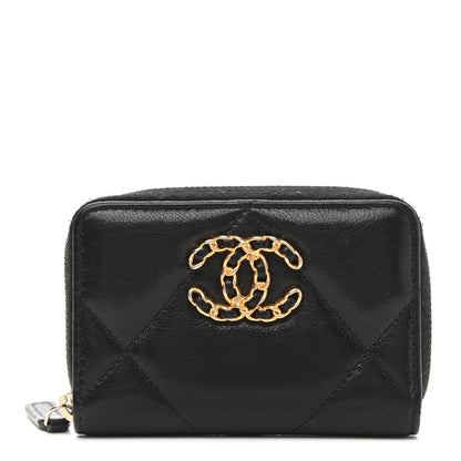 Chanel Shiny Goatskin Quilted Chanel 19 Zip Around Coin Purse Wallet Black 1 of 7