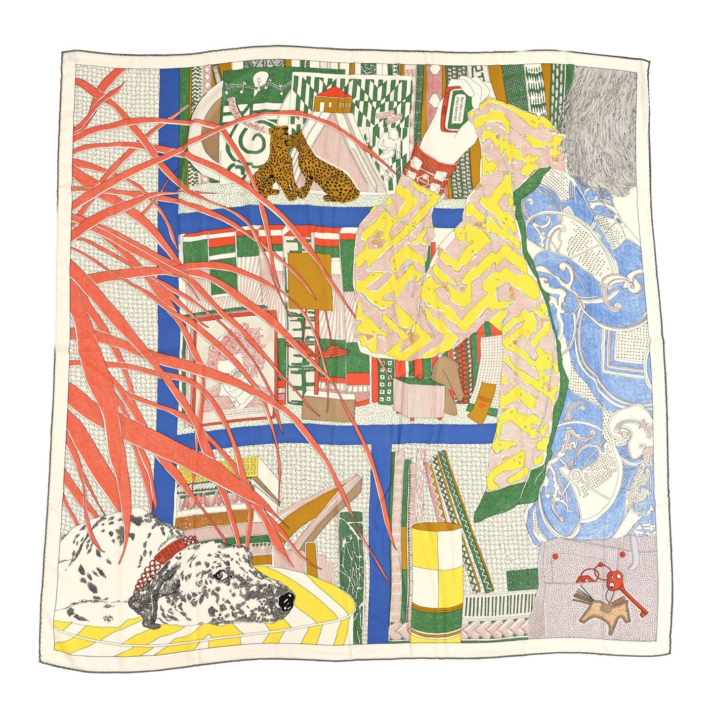 Cashmere Silk Rendez-Vous Chez Hermes Shawl 140 Vert Jaune Multicolor