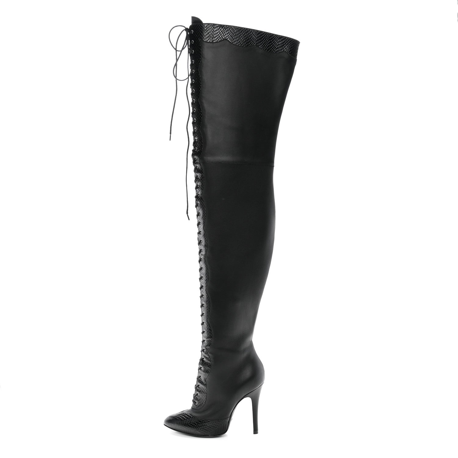 Gucci Calfskin Snakeskin Embossed Harriet Over the Knee High Boots 36 Black 1 of 8