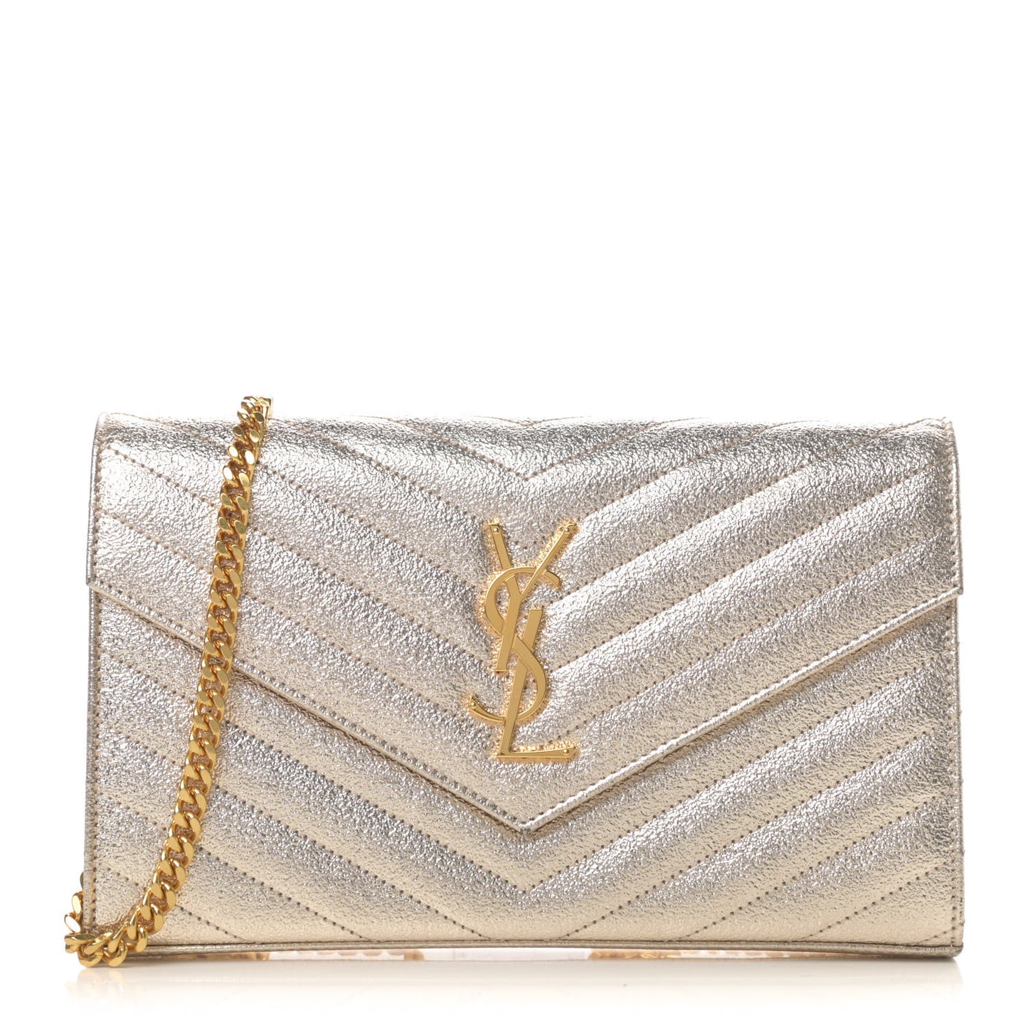 Metallic Crackled Calfskin Matelasse Chevron Monogram Chain Wallet Gold