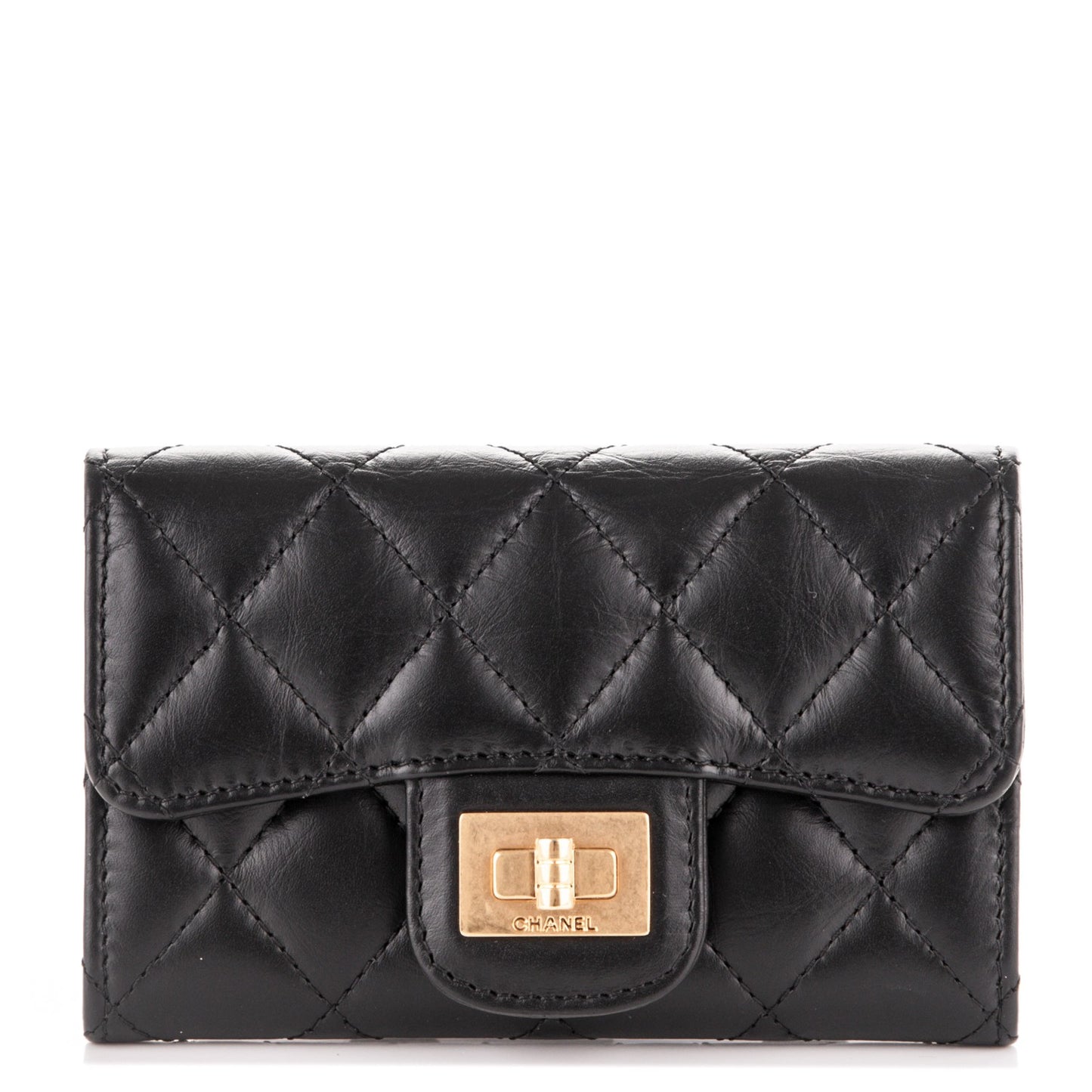 Aged Calfskin Quilted Reissue Flap Card Holder Black