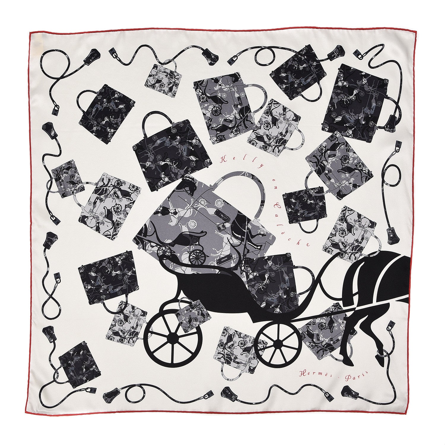 Hermes Silk Kelly En Caleche Scarf 70 White Black Gris 1 of 5