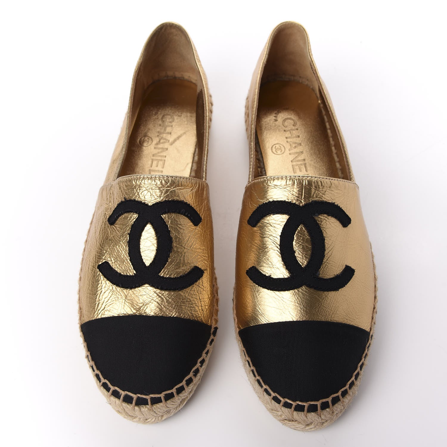 Chanel Laminated Lambskin Grosgrain CC Espadrilles 37 Gold Black 5 of 11