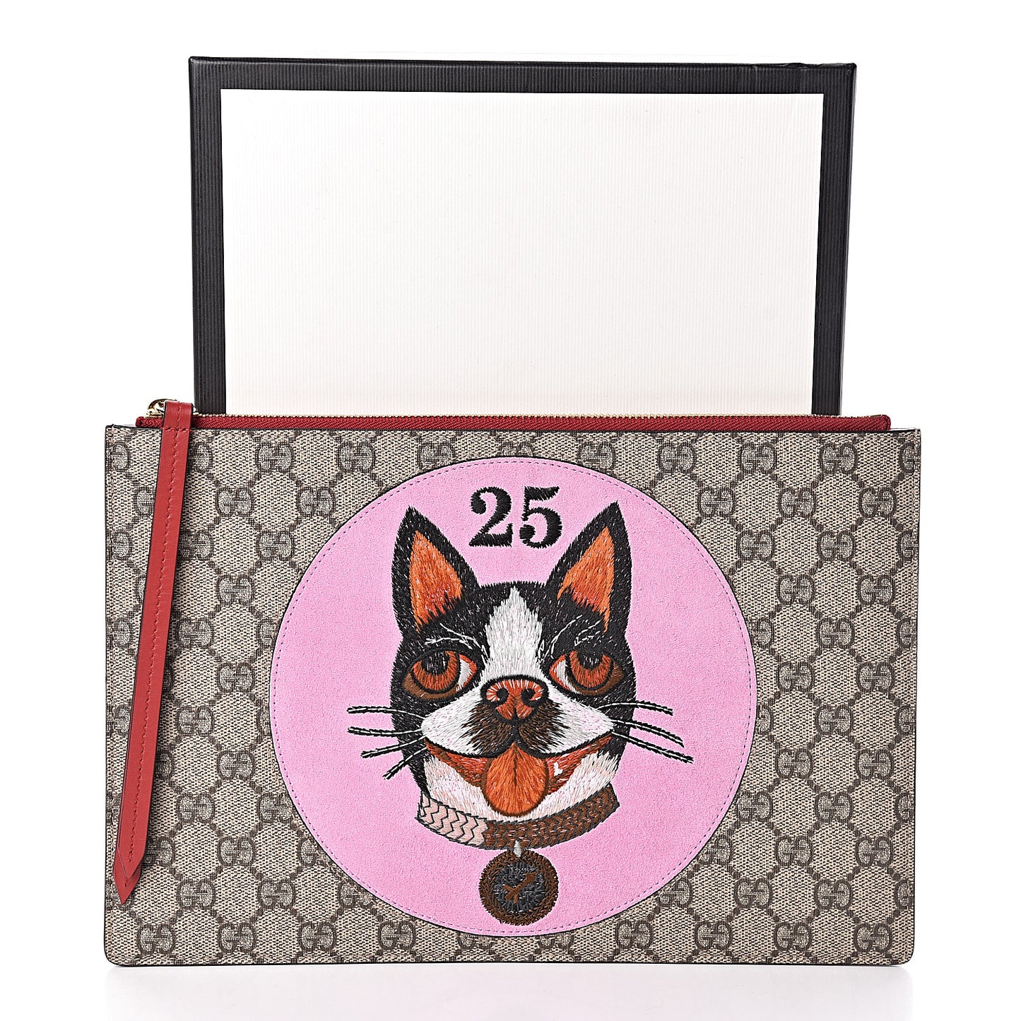 GG Supreme Monogram Bosco Patch Zip Pouch Beige Malva Hibiscus Red