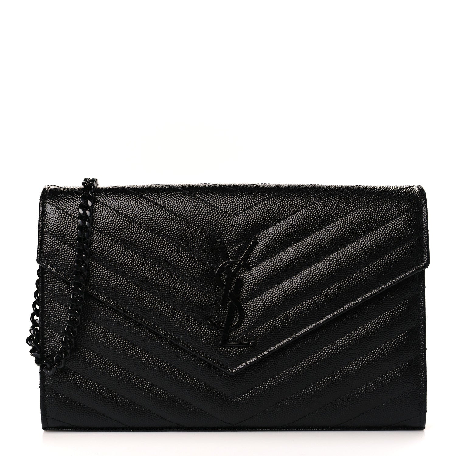 Saint Laurent Grain De Poudre Matelasse Chevron Monogram Monochrome Chain Wallet Black 1 of 9