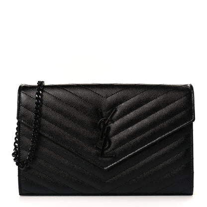 Saint Laurent Grain De Poudre Matelasse Chevron Monogram Monochrome Chain Wallet Black 1 of 9