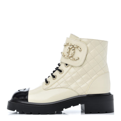 Chanel Shiny Goatskin Calfskin Quilted Lace Up Combat Boots 37.5 White Black 1 of 16