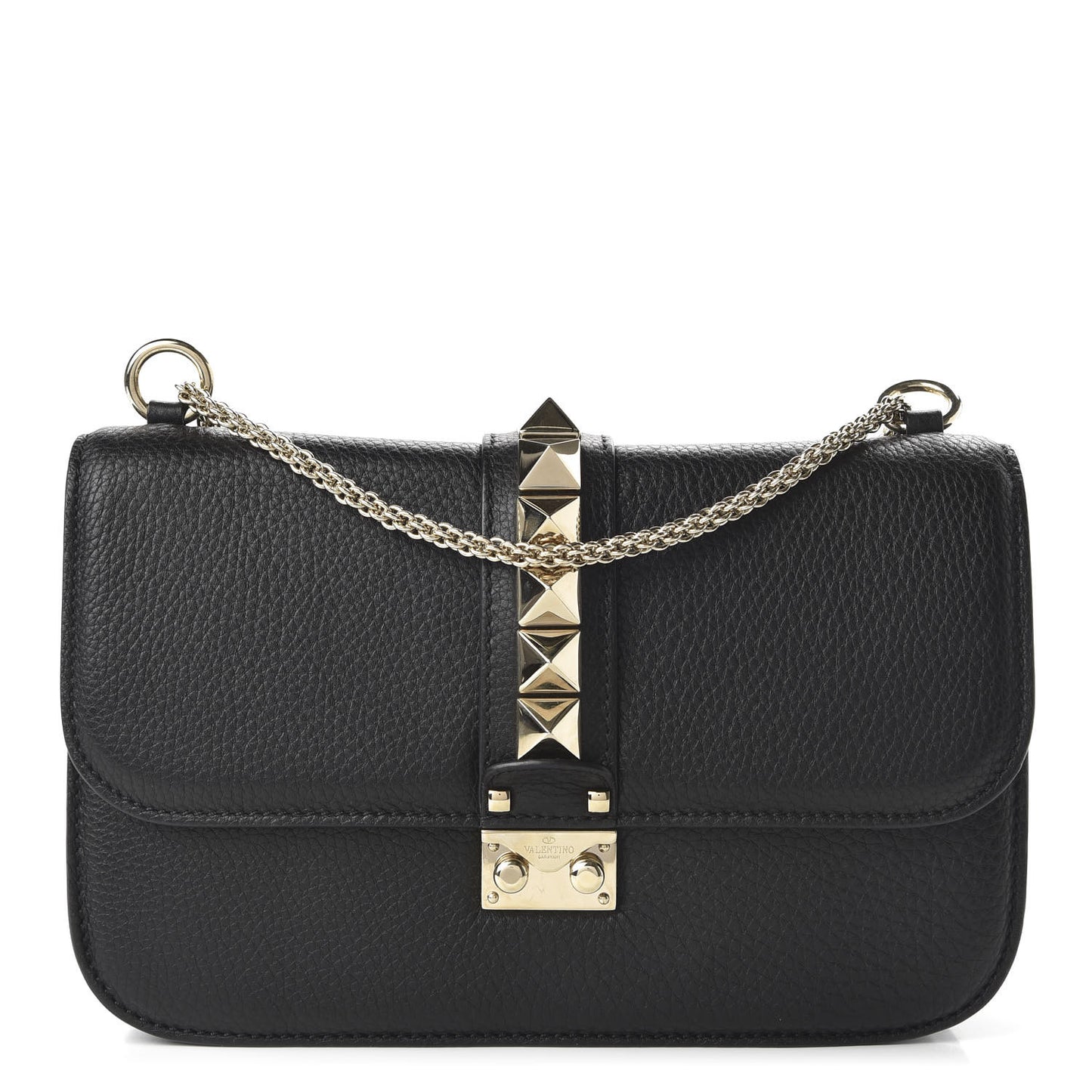 Pebbled Calfskin Medium Glam Lock Rockstud Flap Black