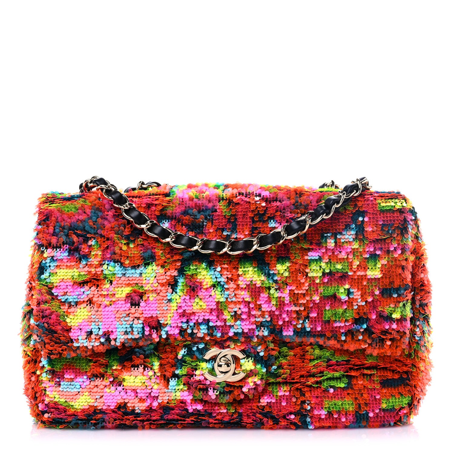 Chanel Sequin Logo Single Flap Orange Turquoise Pink 1 of 9