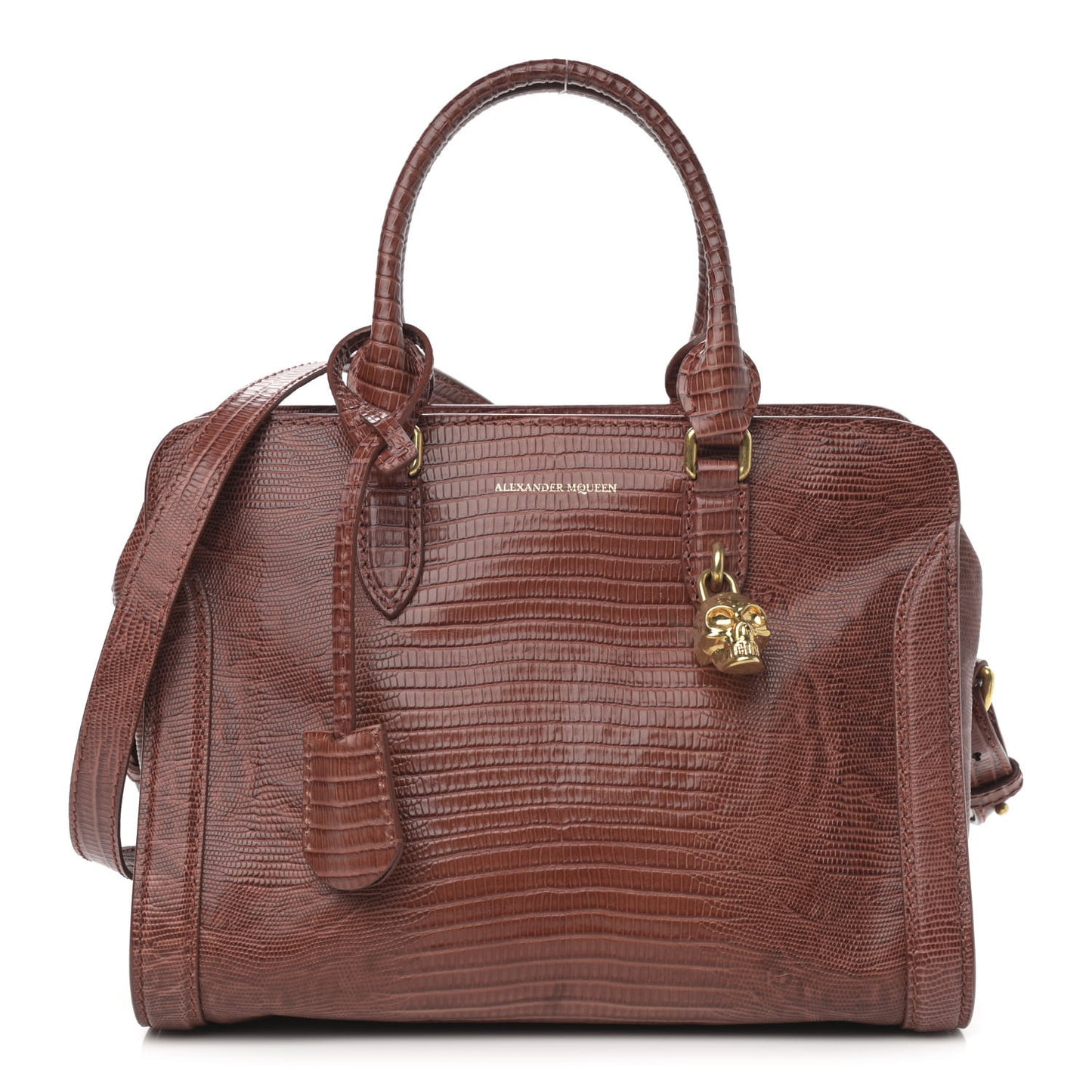 Calfskin Lizard Embossed Small Skull Padlock Zip Around Tote Brown