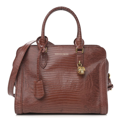 Alexander McQueen Calfskin Lizard Embossed Small Skull Padlock Zip Around Tote Brown 1 of 10